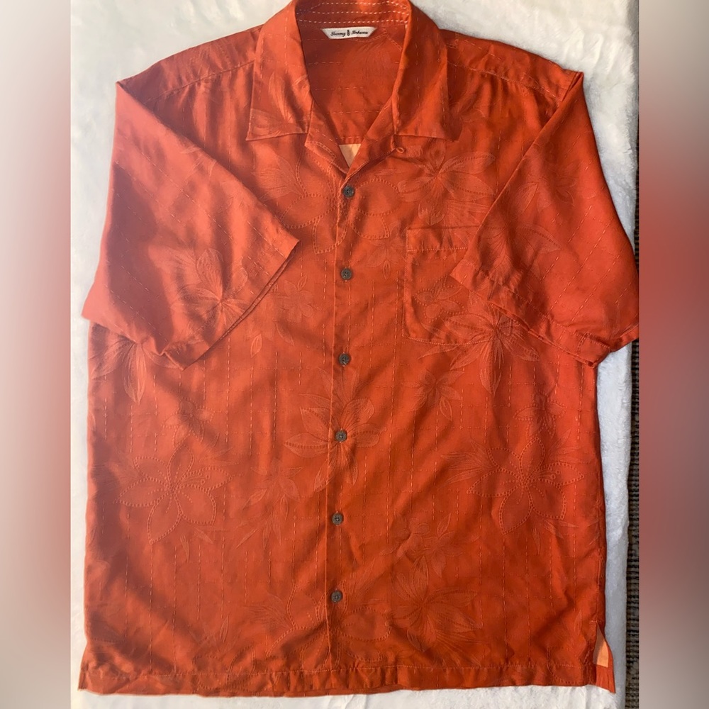 Tommy Bahama Tropical Print Button Up Spicy Orange 100% Silk Shirt Men' Size L